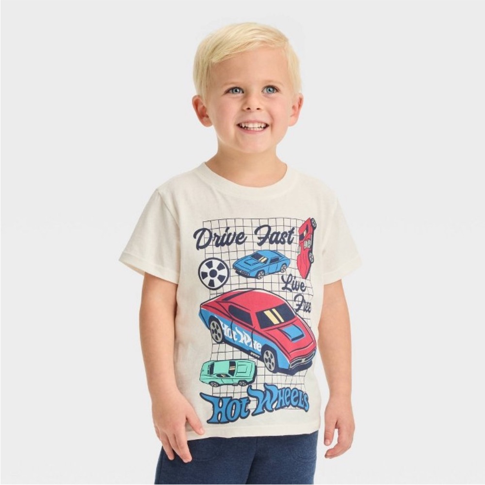 Hot Wheels 5T White and Red Short Sleeve Tee with Playful Vehicle Design